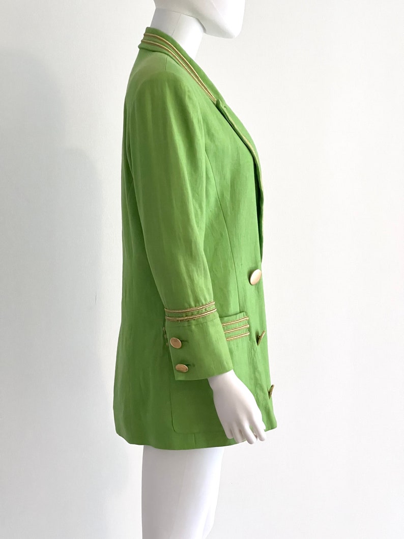 Vintage C1980s Lillie Rubin Exclusive 100% Linen, Lime Green Blazer Jacket With Gold Braiding Trim, 4 image 4