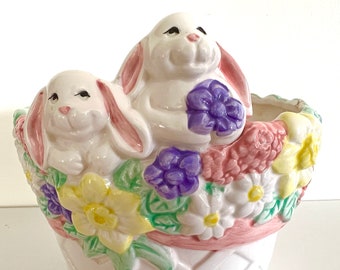 Vintage C1990s Ceramic Rabbit Bunny Glazed Flowerpot Planter
