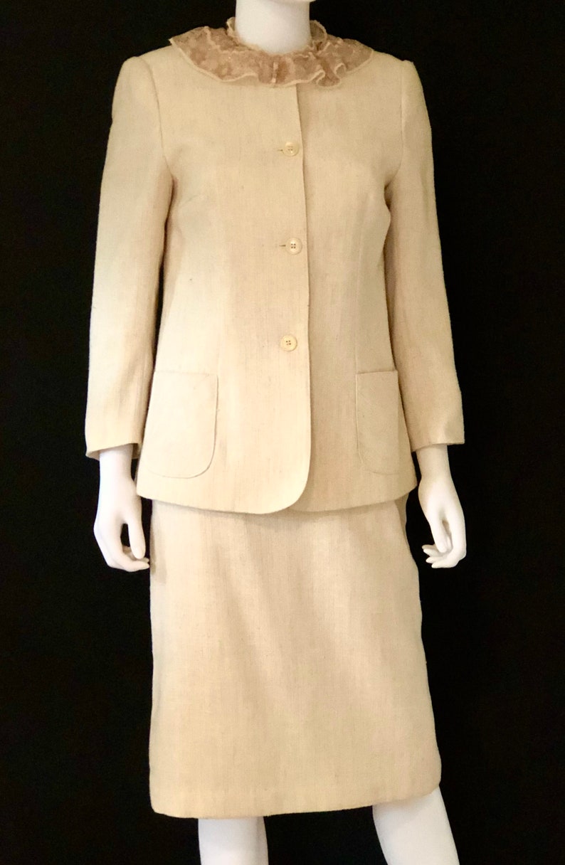 Vintage 1980s Louis Ferrara, Cream Ivory, Classic Skirt Suit Jacket & Blouse, Size 10 image 2