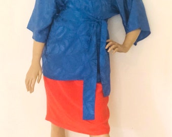 Vintage 1980s e.a. Brown 3 Piece Cobalt Blue Silk Spaghetti Strap Top, Kimono Jacket And Belt, 6