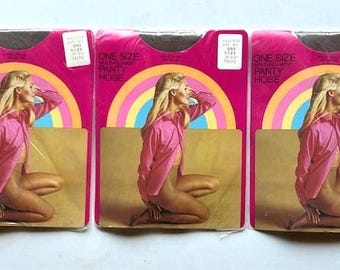 Lot Three (3) Vintage C1970s One Size Multi-Filament Pantyhose Hosiery, Taupe, S/M