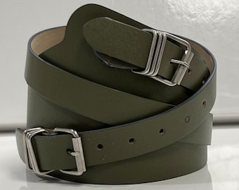 Vintage C1980s Wide Asymmetrical Olive Green Double Buckle Belt, L