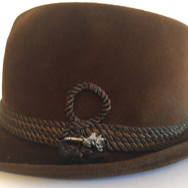 Vintage Wallachs Mt. Everest Brown Velour Fur Hat Fedora Elton Braiding & Charm, 6 7-8