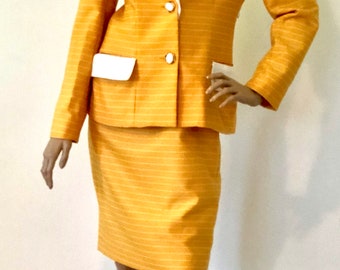 Vintage 1980s Stylish Pale Orange Pumpkin Butterscotch & White Striped Jacket Skirt Suit, 10