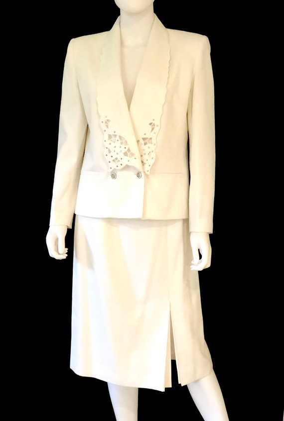 Vintage 1980s Nolan Miller for Dynasty Collection Formal off White Skirt Suit Jacket With Rhinestones 8 Etsy