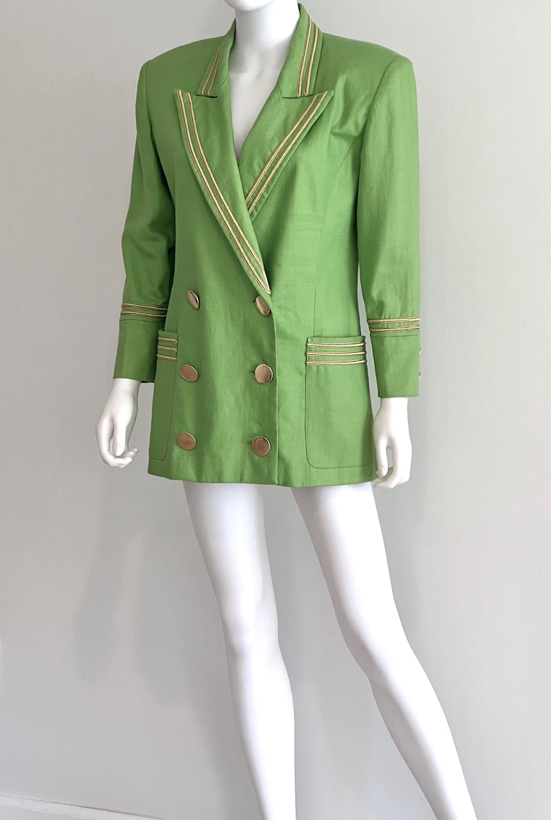 Vintage C1980s Lillie Rubin Exclusive 100% Linen, Lime Green Blazer Jacket With Gold Braiding Trim, 4 image 1