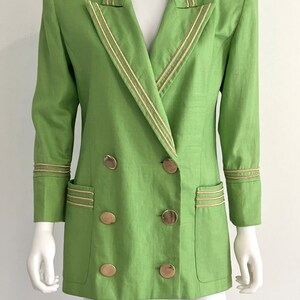 Vintage C1980s Lillie Rubin Exclusive 100% Linen, Lime Green Blazer Jacket With Gold Braiding Trim, 4 image 3