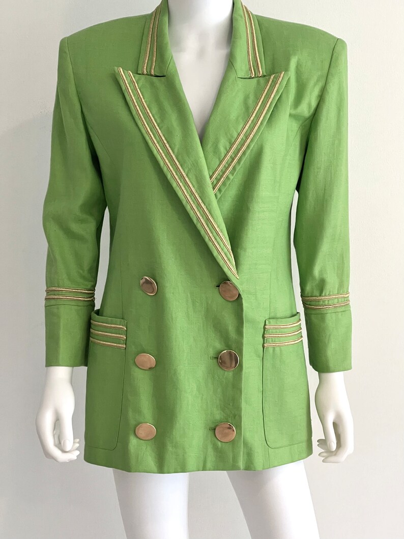 Vintage C1980s Lillie Rubin Exclusive 100% Linen, Lime Green Blazer Jacket With Gold Braiding Trim, 4 image 3