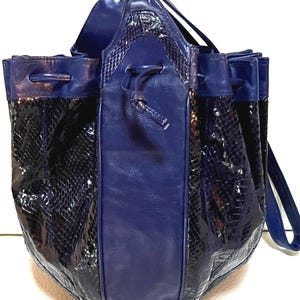 Vintage C1970s Clemente Royal Blue Snakeskin & Leather Drawstring Hobo Shoulder Bag