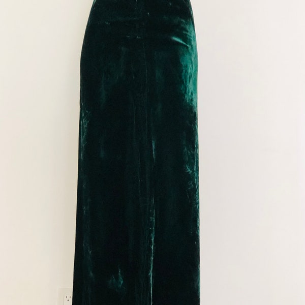 Vintage 1970s Emerald Dark Green Crushed Velvet Long Maxi Skirt Formal, 6