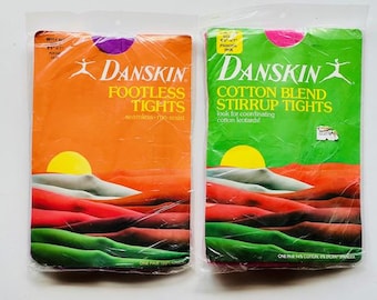 Pair (2) Vintage C1980s DANSKIN Footless Tights In Purple, Stirrup Tights In Pink, Size B