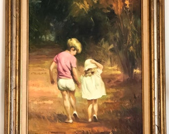 Vintage Oil Painting on Canvas, Brother & Sister, Artist Morando Luque (Argentina b. 1915)