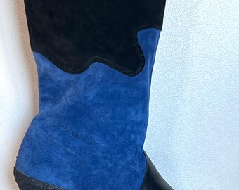 Vintage C1980s TED LAPIDUS Black & Cobalt Blue Leather And Suede Boots, Never Worn, 38/7