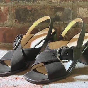 Vintage C1980s Miu Miu Mod Chunky High Heel Brown Sling Back Shoes, Sandals, 39