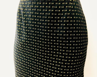 Vintage 1980s Spitalnick & Co. Gold Silk Lame And Black Wool Midi Pencil Skirt, Size 8