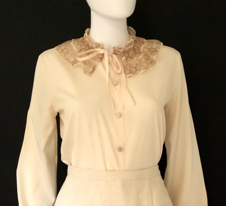 Vintage 1980s Louis Ferrara, Cream Ivory, Classic Skirt Suit Jacket & Blouse, Size 10 image 9