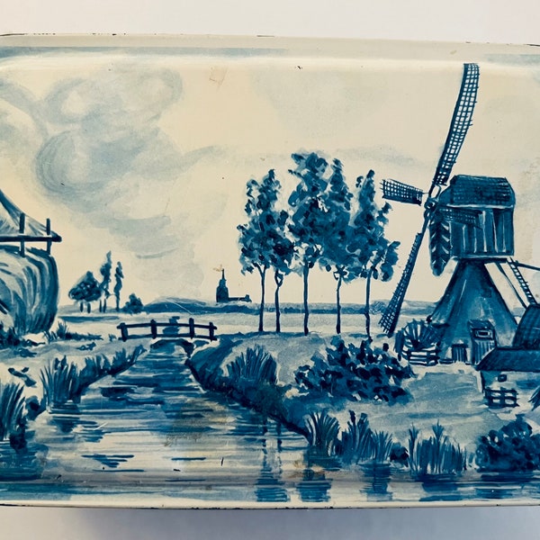 Vintage C1960s Patria Biscuits Delft Blue & White Windmill Pastoral Dutch Tin, Storage Box