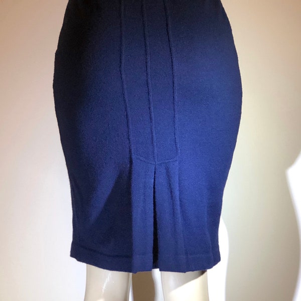 Vintage Couture CHARLES JOURDAN Paris Royal Navy Blue Wool Knit Pencil Skirt, Small