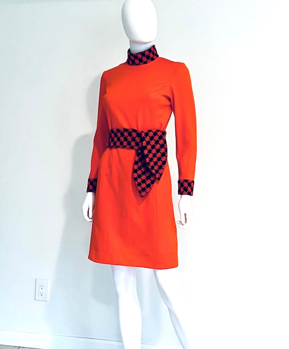 Vintage Totally C1960s Orange & Navy Blue Mock Turtleneck Long Sleeve MOD Dress, Original Belt, S/M Vintage Totally C1960s Orange & Navy Blue Mock Turtleneck Long Sleeve MOD Dress, Original Belt, S/M