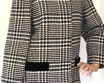 Vintage Couture, CHRISTIAN DIOR Long Full Length Wool Velvet Coat, Black & White Houndstooth Pattern, Unworn With Original Tags