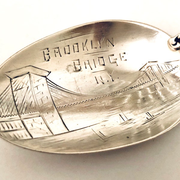 Antique R. Wallace and Sons RM & S Sterling Silver Brooklyn Bridge NY Souvenir Spoon, 24.7 grams