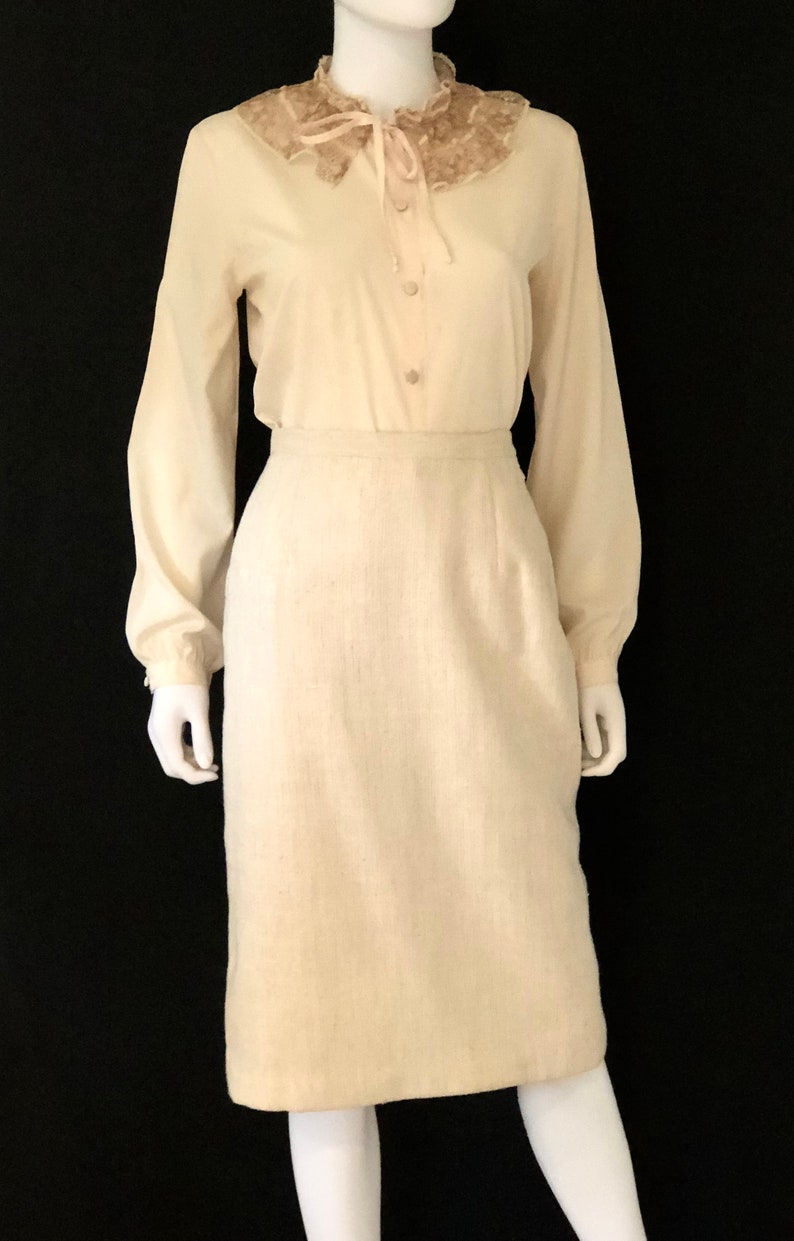 Vintage 1980s Louis Ferrara, Cream Ivory, Classic Skirt Suit Jacket & Blouse, Size 10 image 7