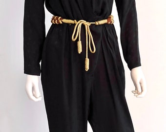 Vintage C1980s Old Hollywood Bronze Beaded Gold Braided Rope & Tassel Necklace Belt