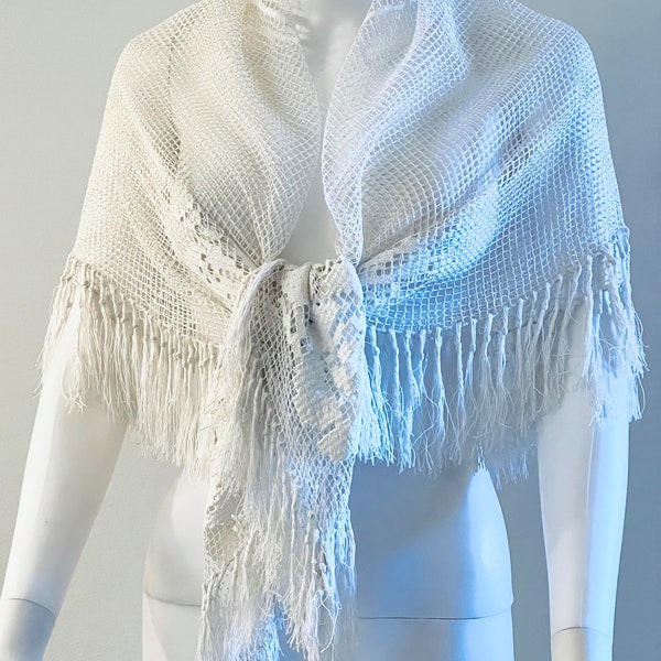 Vintage C1960s White  Piano Shawl Cape Throw, With Fringes & Floral Embroidery