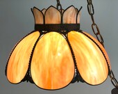 Vintage Tiffany Style Slag Glass Swag Hanging Lamp Light Fixture, Caramel Amber To Orange Tones