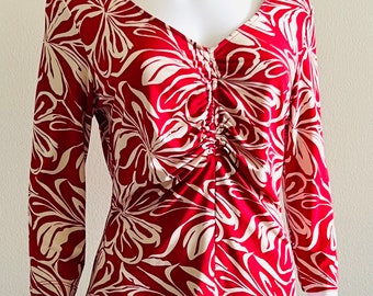 Vintage C1990s BCBG Max Azria Red & Off White V Neck Stretchy Top, Abstract Design After Pucci, L