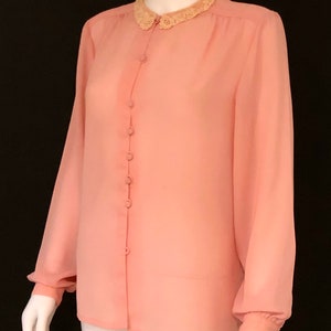 Vintage 1980s Peach, Light Orange, Coral, Long Sleeve Feminine Victorian Blouse Top With Lace Collar, M/L image 3