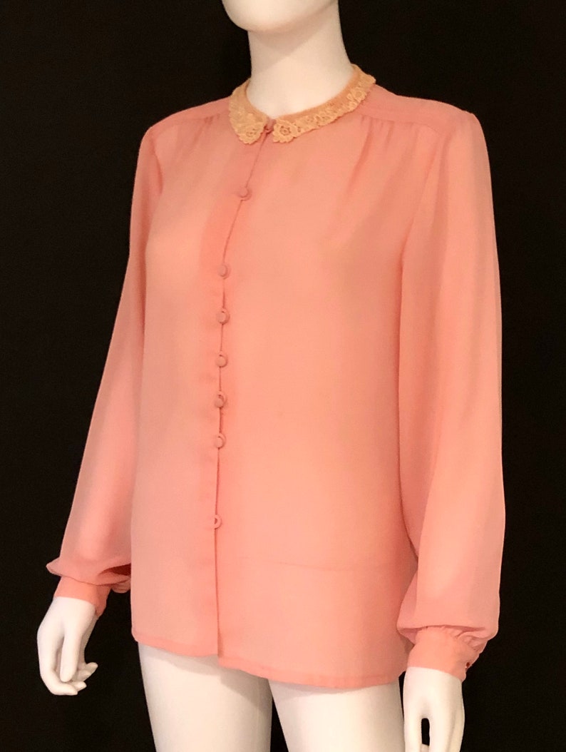 Vintage 1980s Peach, Light Orange, Coral, Long Sleeve Feminine Victorian Blouse Top With Lace Collar, M/L image 3