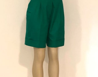 Vintage 1980s Designer KARL LAGERFELD High Waisted Green Cuffed Shorts, 10/42