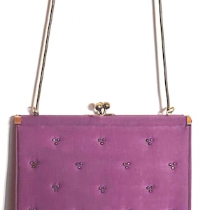 Vintage C1970s Petite Purple Evening Bag Purse, With Beads & Gold Chain Strap