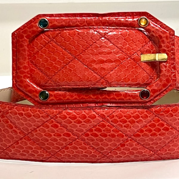 Vintage C1980s Leo Rexx Orange Puffed Quilted Faux Snakeskin Belt, With Jeweled Buckle, S