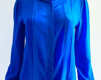 Vintage C1980s, Royal Cobalt Blue, Pure Silk Blouse Top, Double Ruffled Collar & Cuffs, 6