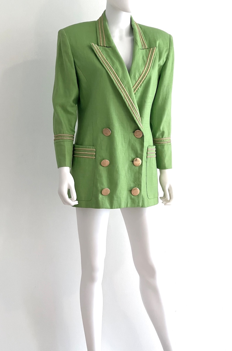 Vintage C1980s Lillie Rubin Exclusive 100% Linen, Lime Green Blazer Jacket With Gold Braiding Trim, 4 image 2