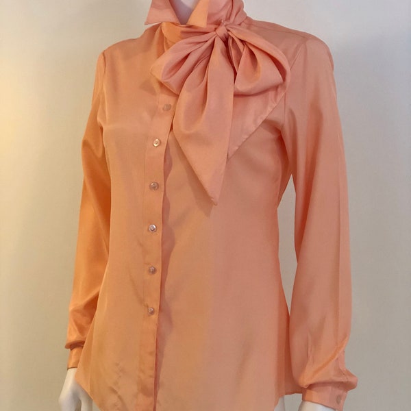 Vintage 1980s Halston VI Long Sleeve Peach Light Orange Bow Blouse Top, 8