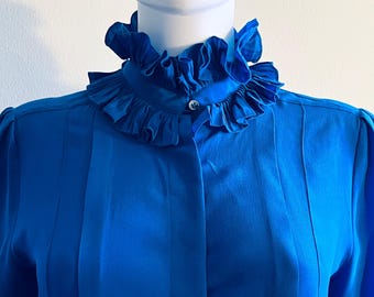 Vintage C1980s, Royal Cobalt Blue, Pure Silk Blouse Top, Double Ruffled Collar & Cuffs, 6