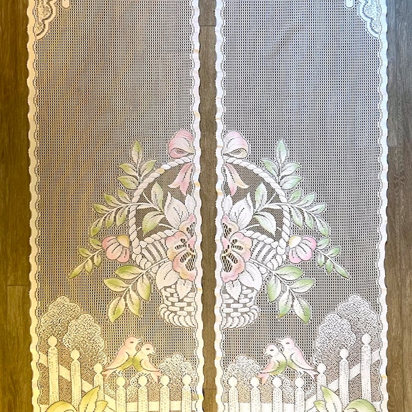 Vintage C1970s Timeless Garden Motif, Fringed Door Panel Curtain, White & Pastel Birds, Flowers