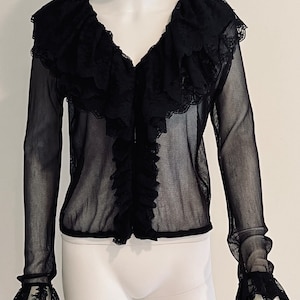 Fabulous Vintage C1950s Black Mesh & Lace Transparent Blouse, Lace V-Neck Collar Placket Cuffs, L