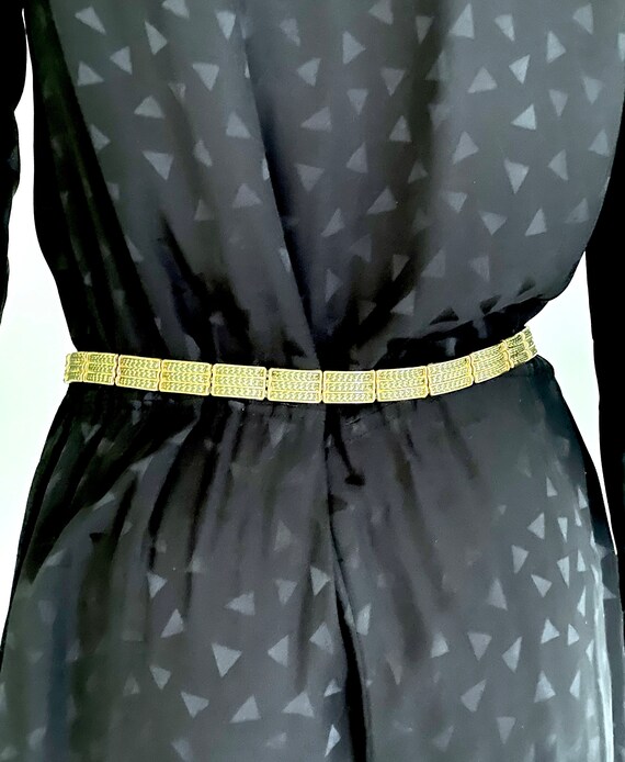 Vintage C1980s Gold Metal Chain Link Belt With Woven … Gem