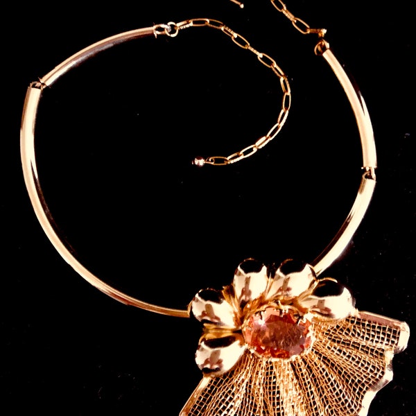 Rare Vintage Versace by Ugo Correani Asymmetrical Faux Citrine & Gold Mesh Necklace Jewelry