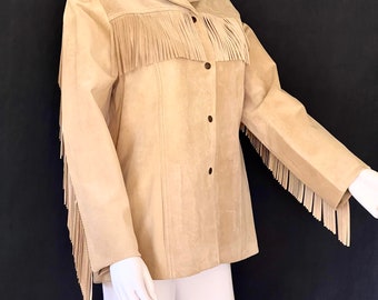 Vintage C1980s Cache Tan Suede Leather Fringed Western Boho Jacket, Never Worn, L