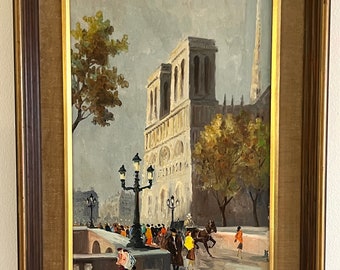 Vintage Circa Mid Century Oil Painting Paris France, Notre Dame Cathedral Church, Original Signed & Framed Art