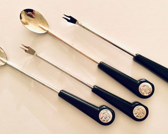 Vintage MCM C1960s Nevco Fondue Hors D'Oeuvres Forks Spoons, Bakelite Handles, 2 Sets, Vintage Serving Utensils