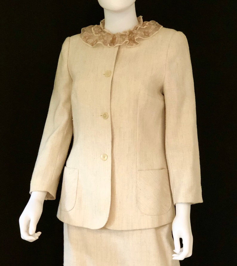 Vintage 1980s Louis Ferrara, Cream Ivory, Classic Skirt Suit Jacket & Blouse, Size 10 image 4