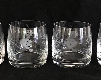 Vintage Set Four (4) Etched Grapes & Vines Cut Crystal, Rocks, Old Fashioned Glasses, Mid Century Barware