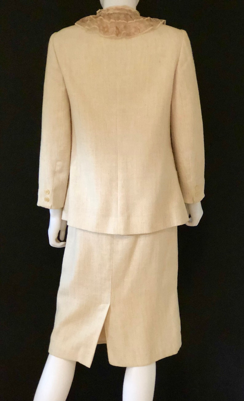 Vintage 1980s Louis Ferrara, Cream Ivory, Classic Skirt Suit Jacket & Blouse, Size 10 image 6