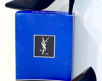 Vintage C1980s Yves Saint Laurent YSL Black Satin High Heel Shoes Pumps, In Original Box, Size 8 1/2 M